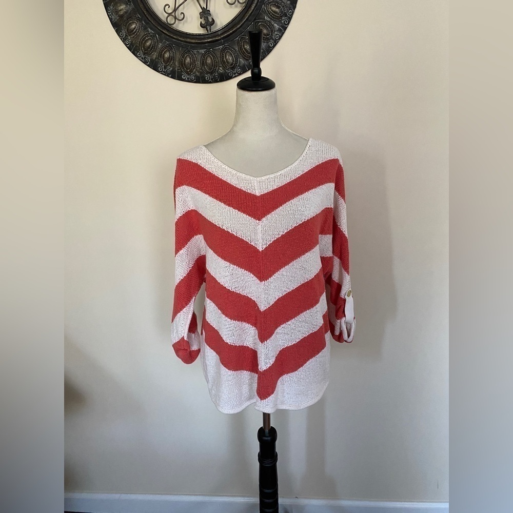 Loose Knit V Stripe Sweater with Button Cuff Sleeves, Dark Salmon and Off White